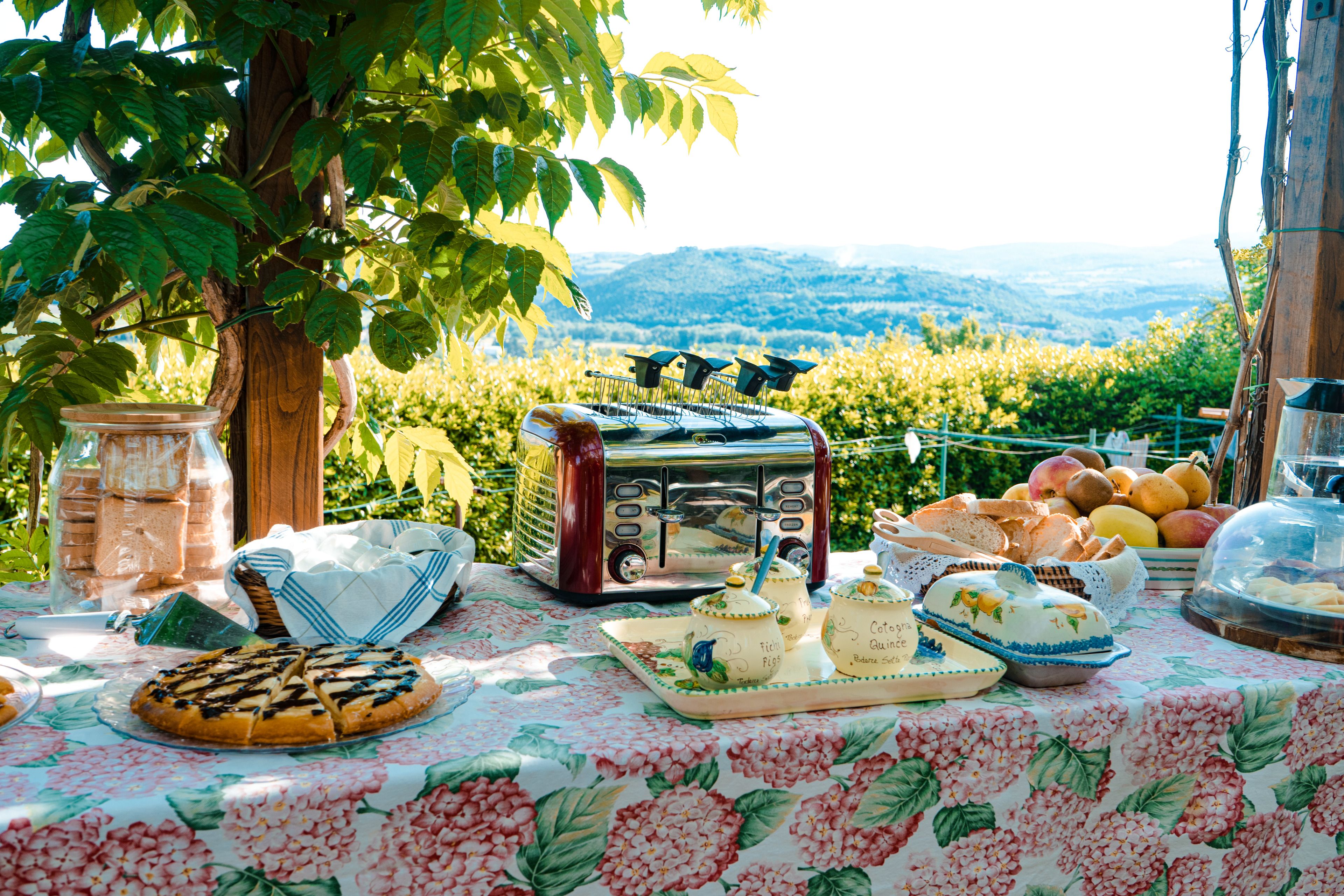 Una mesa dispuesta con diversos alimentos y un tostador antiguo, con una vista panorámica al fondo.