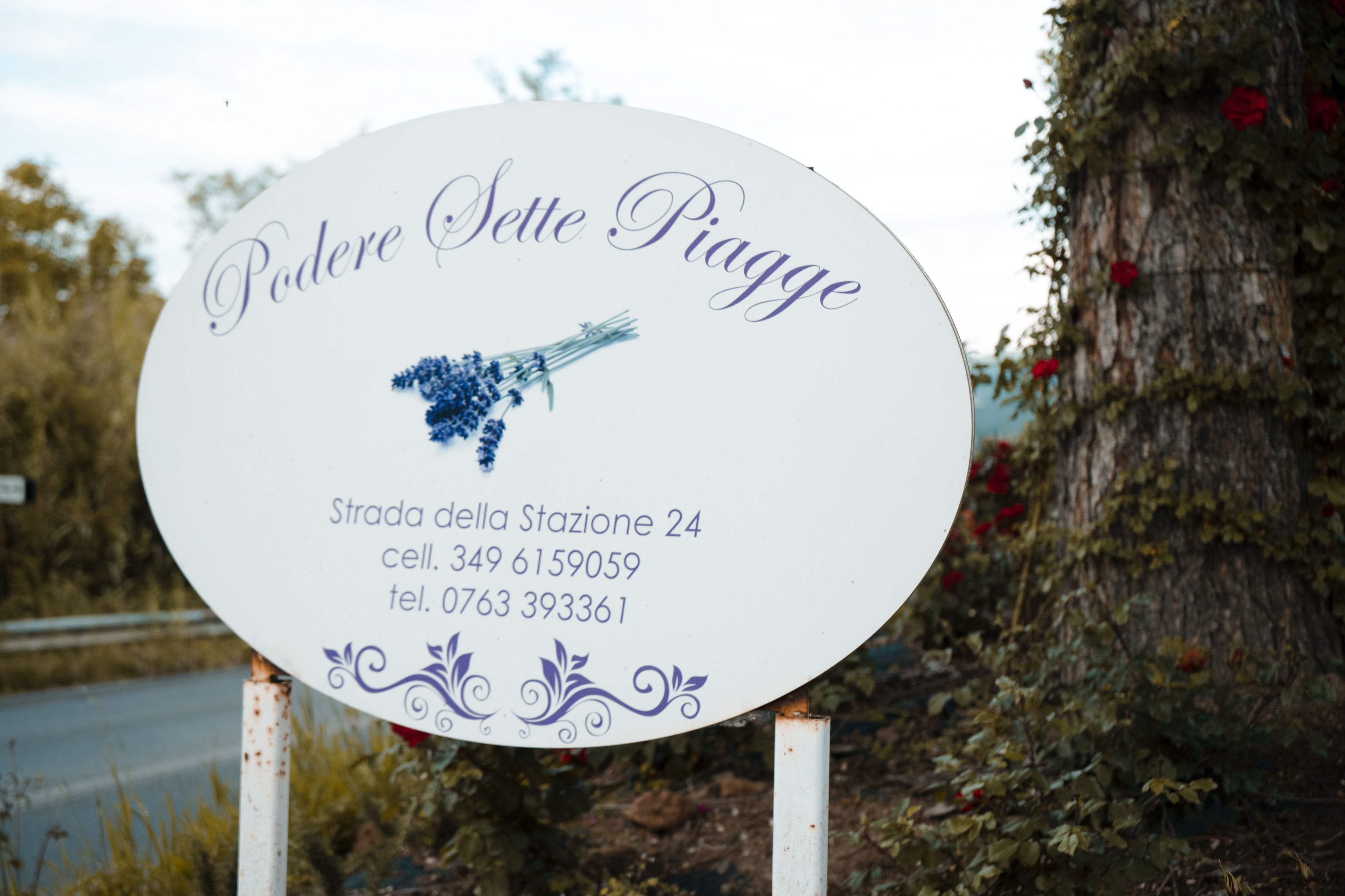 A sign with the name "Podere Sette Piagge" and contact information.