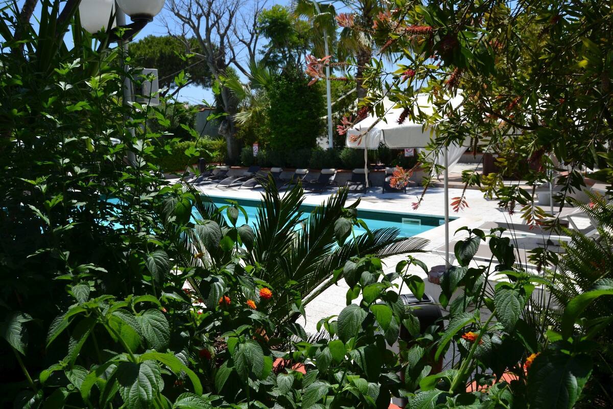 outdoor pool, open 9:00 am to 7:00 pm, pool umbrellas, pool loungers