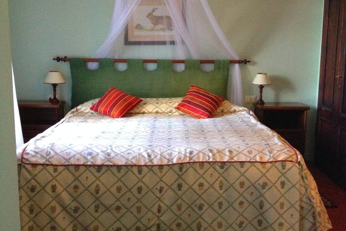 A bed with a canopy, two bedside tables with lamps, a framed picture on the wall, and a red rug on the floor.