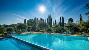 Una piscina con agua cristalina azul, rodeada de sillas de descanso y sombrillas, con altos árboles al fondo.