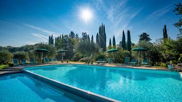 Seasonal outdoor pool, open 9:00 AM to 7:00 PM, pool umbrellas