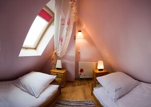 A cozy attic bedroom with two single beds, a skylight, and a radiator. - VISITzakopane Sun Apartments (Zakopane)