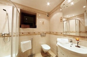 A modern bathroom with a glass shower enclosure, a toilet, and a sink with a mirror.