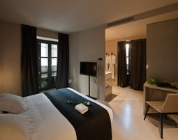 Una habitación de hotel con cama, televisión, escritorio y baño.