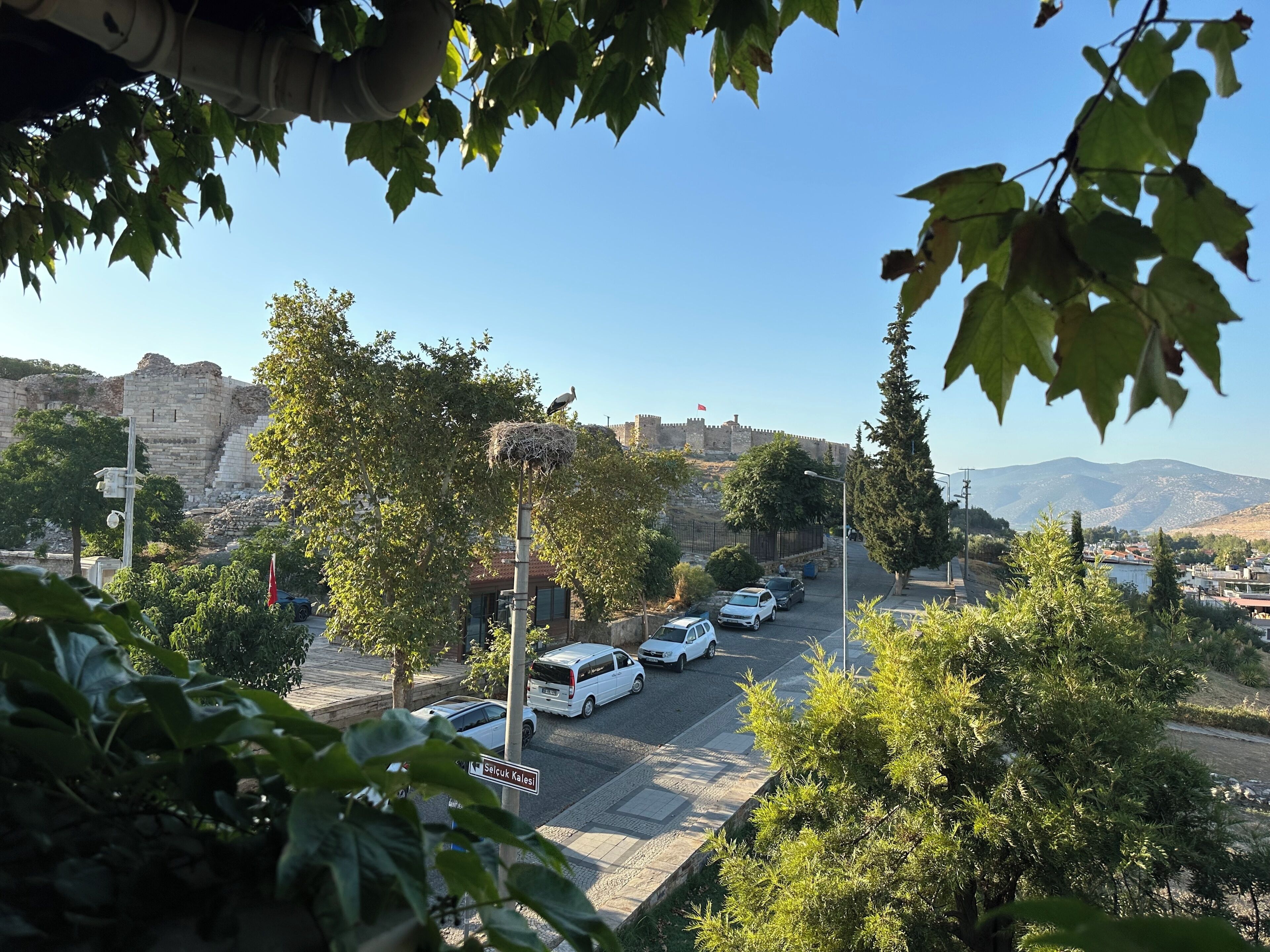 A street view with parked cars, a street sign, and a castle in the background.