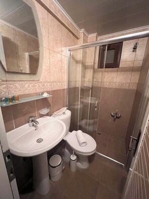 Douche, sèche-cheveux, chaussons, serviettes fournies