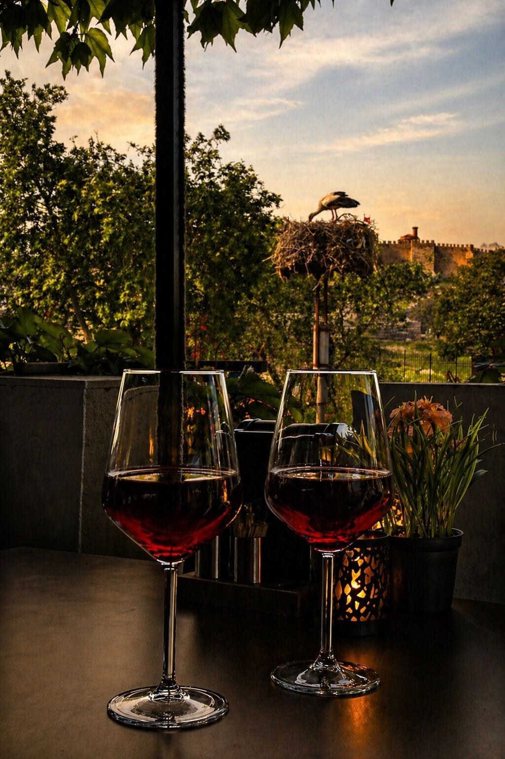 Two wine glasses on a table with a view of a tree and a building in the background.