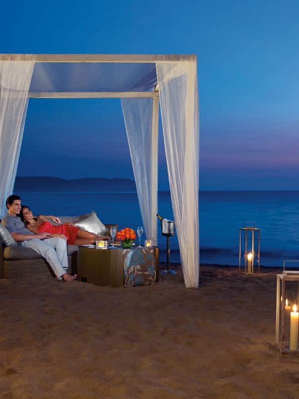 On the beach, sun loungers, beach umbrellas, beach towels