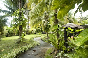 A garden pathway surrounded by lush tropical vegetation and a thatched-roof structure.