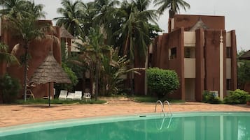 Outdoor pool, pool umbrellas, pool loungers