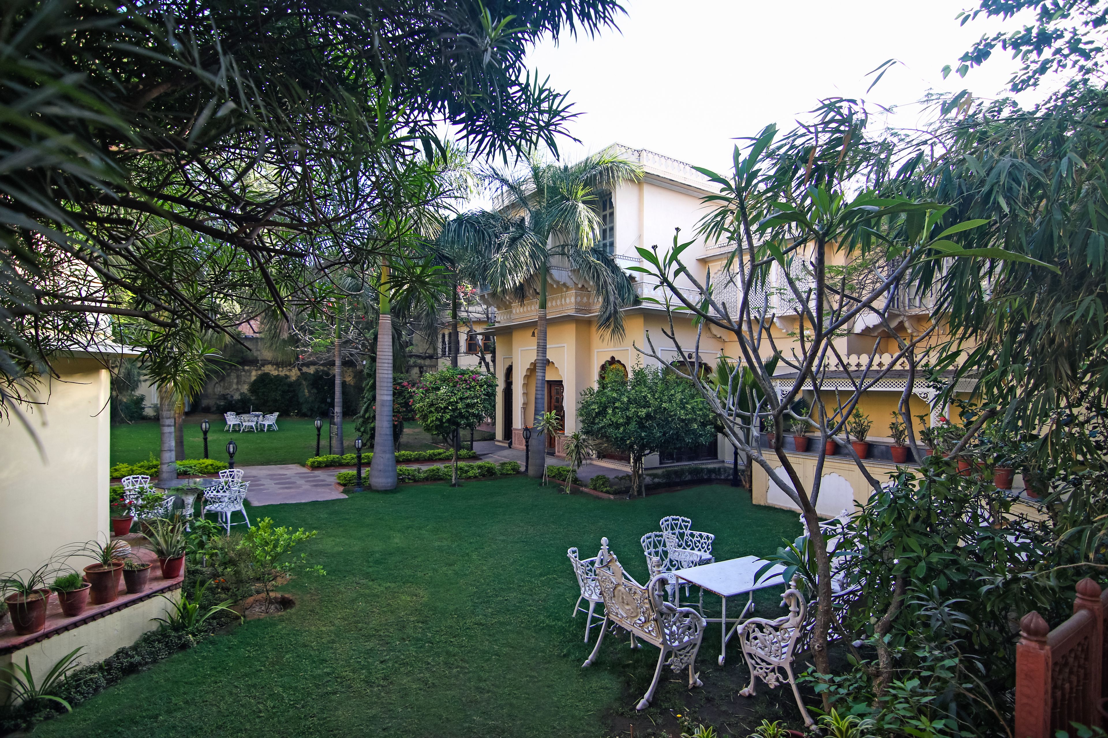 A courtyard with a lawn, white metal chairs, and tables, surrounded by potted plants and trees.