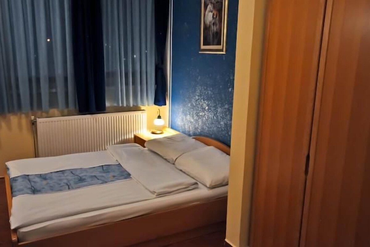 A single bed with a white and blue bedspread, a bedside lamp, and a window with blue curtains.