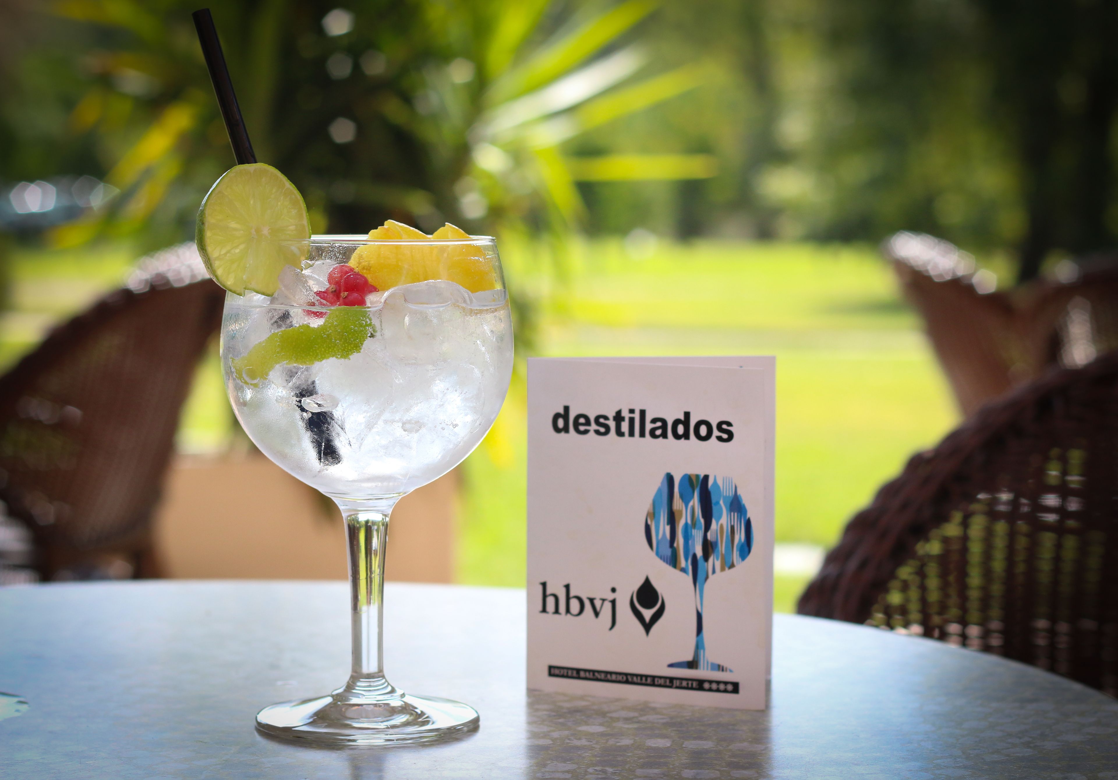 En cocktail med lime og frugt, et skilt med 'destilados hbvj' og udendørs siddepladser med grøn vegetation i baggrunden.