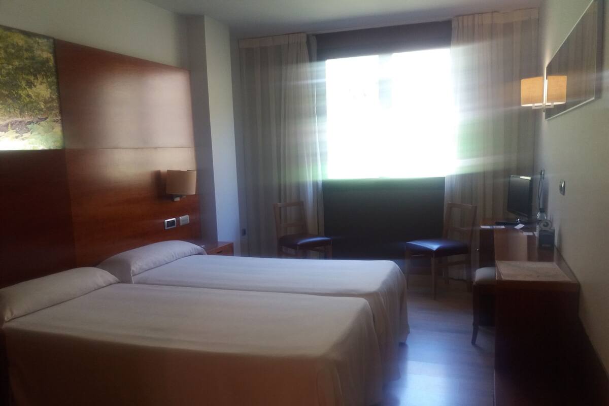 A hotel room with two beds, a desk, a chair, a TV, and a window with curtains.