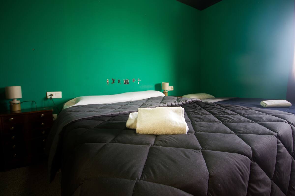 Une pièce avec un lit, une commode et un mur vert.