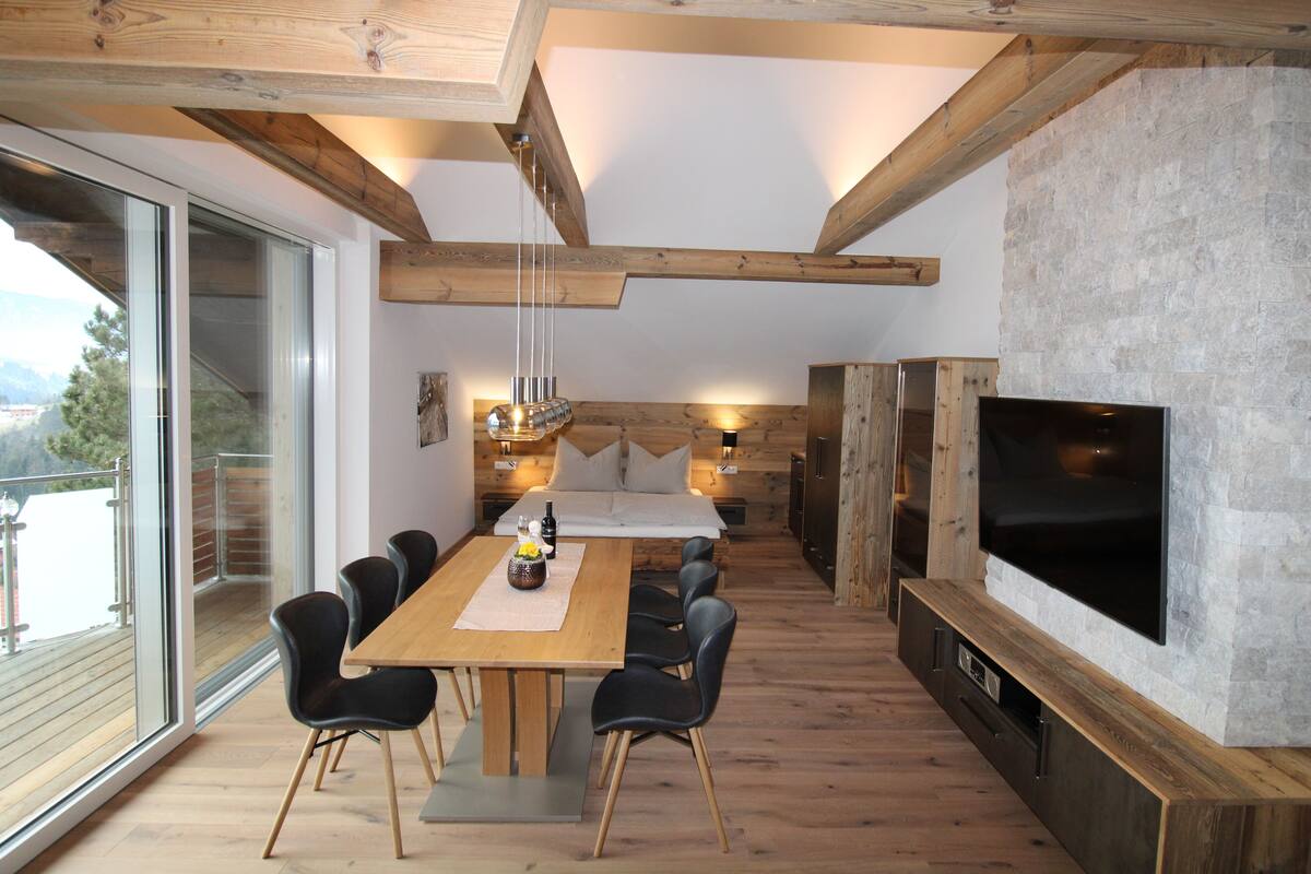 Luxury Apartment, 2 Bedrooms, 2 Bathrooms, Mountain View (Bergkristall) | Living area | 42-inch flat-screen TV with cable channels, LED TV, DVD player