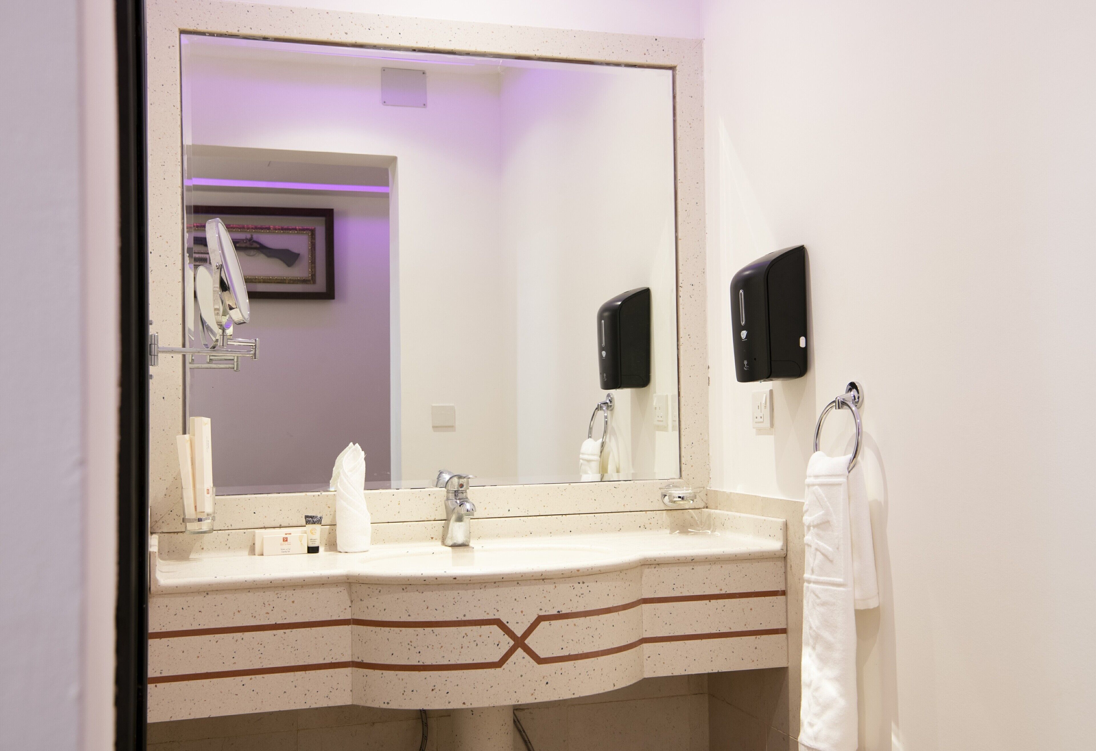 A bathroom with a large mirror, a sink, a towel rack, and a soap dispenser.
