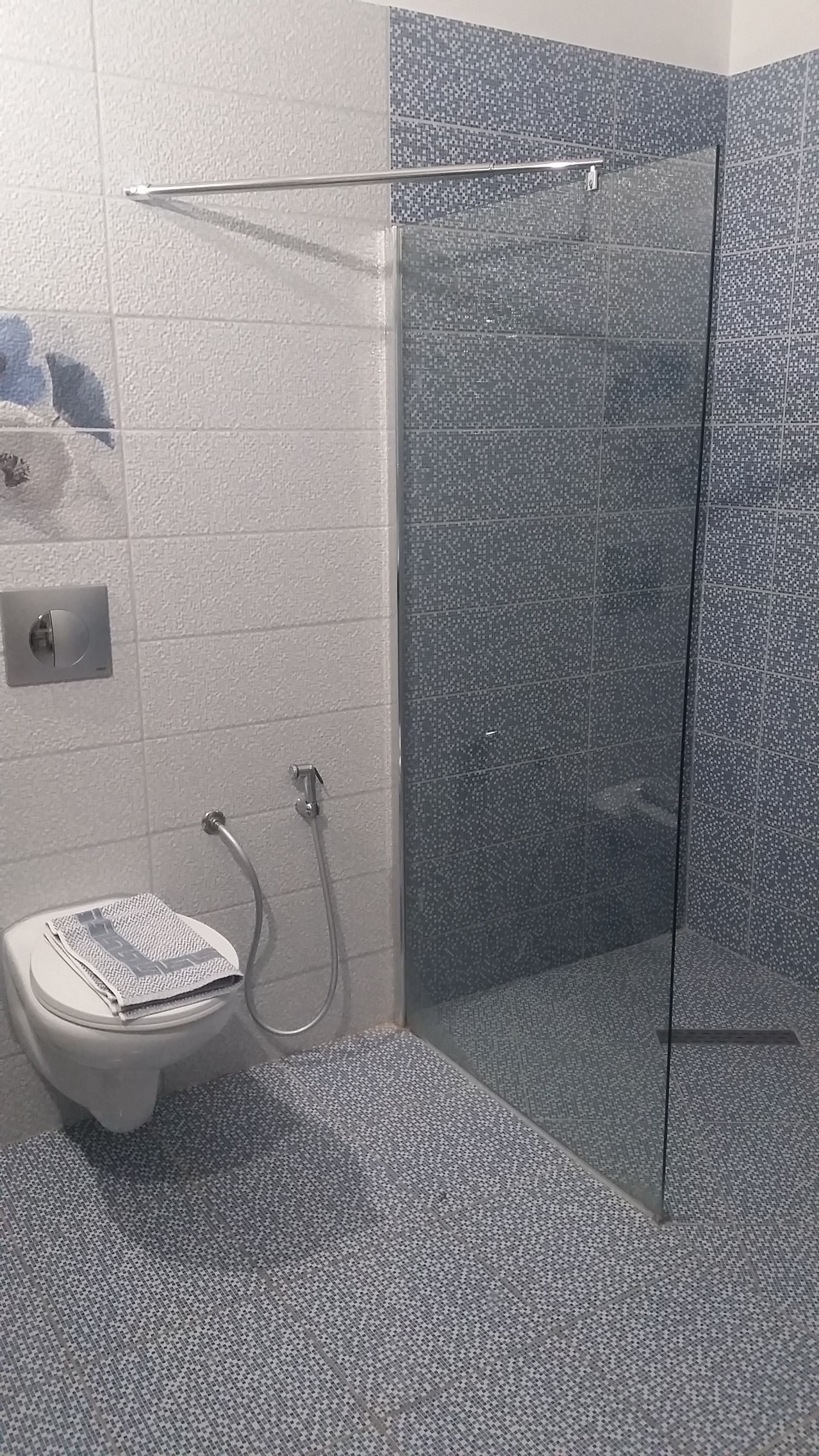 Casa de banho com cabine de chuveiro em vidro, sanita e porta-toalhas.