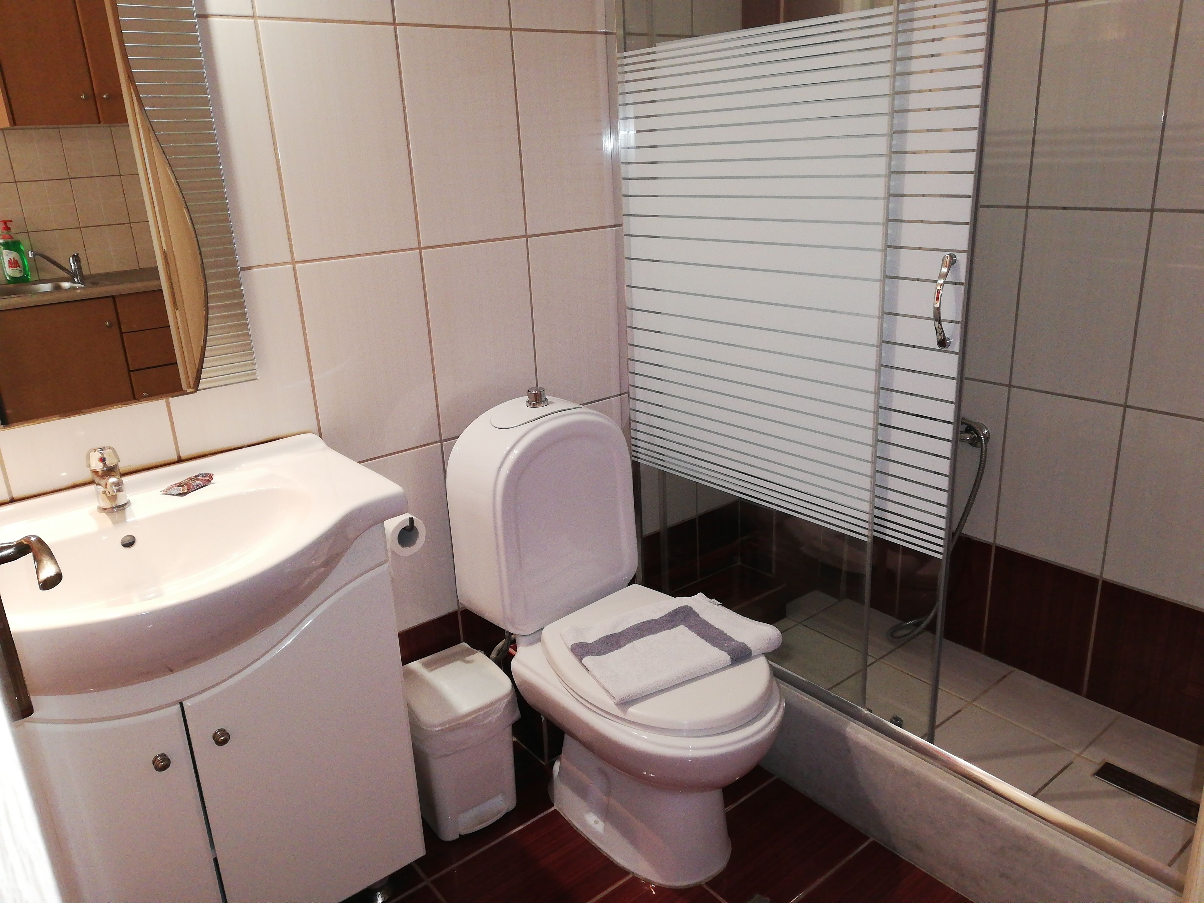 Un baño con lavamanos, inodoro y ducha.
