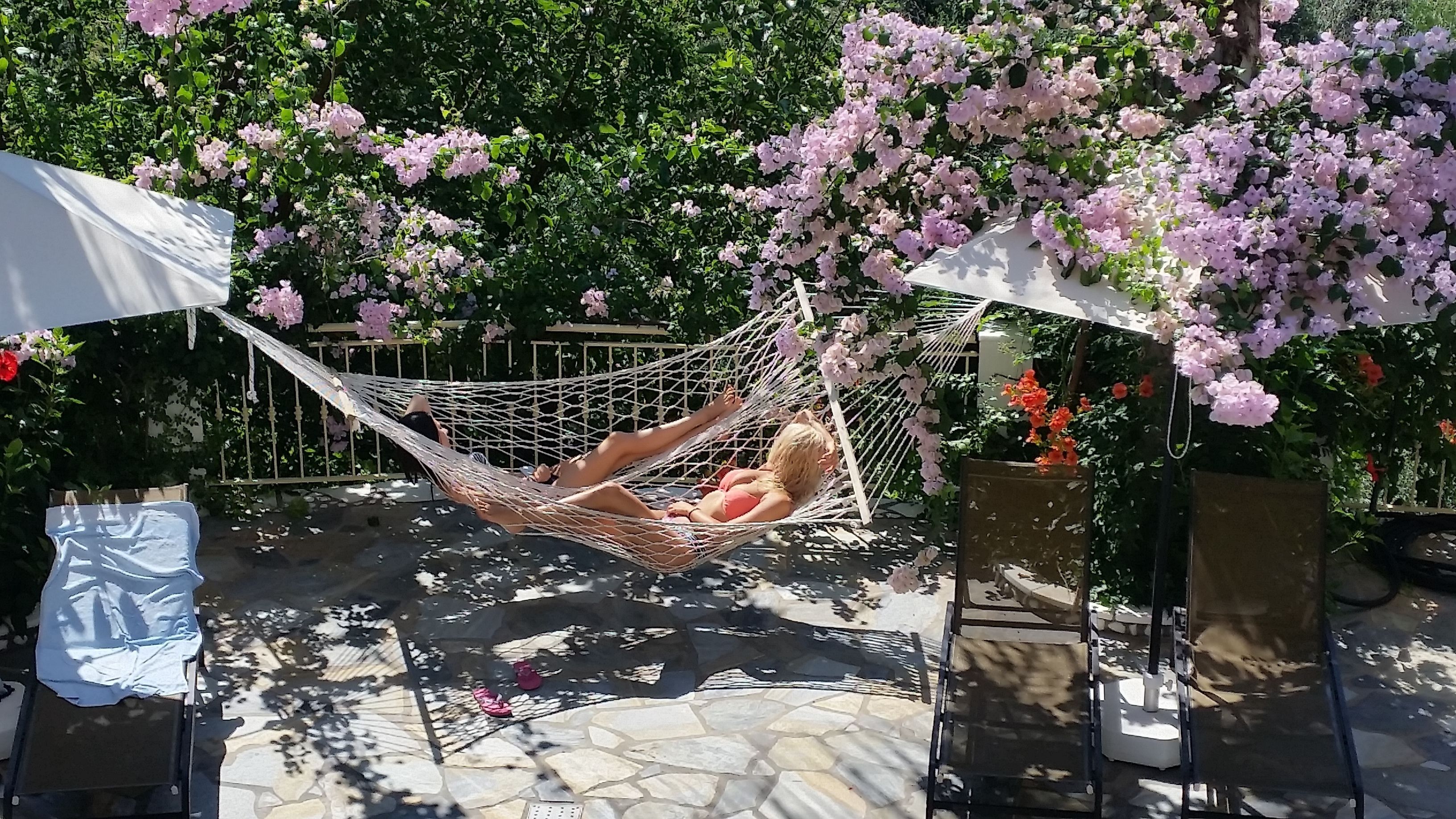 Una hamaca en un jardín con flores florecientes y un patio de piedra.