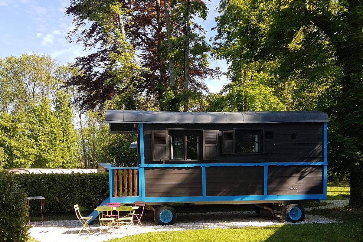A mobile food truck with a blue exterior parked on a grassy area with a table and chairs.