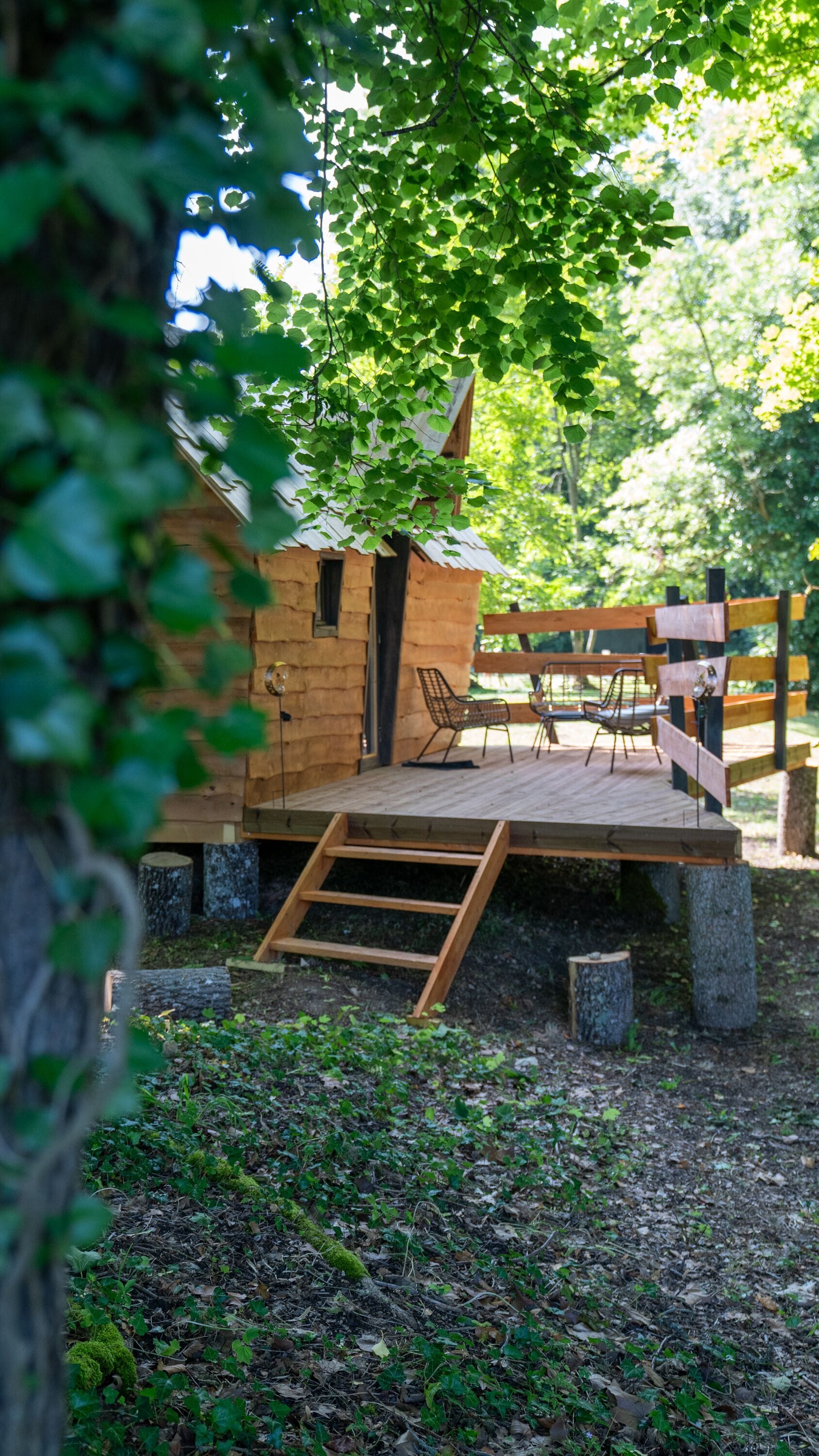 Eine Holzhütte mit Terrasse, einer Leiter und Sitzgelegenheiten im Freien.