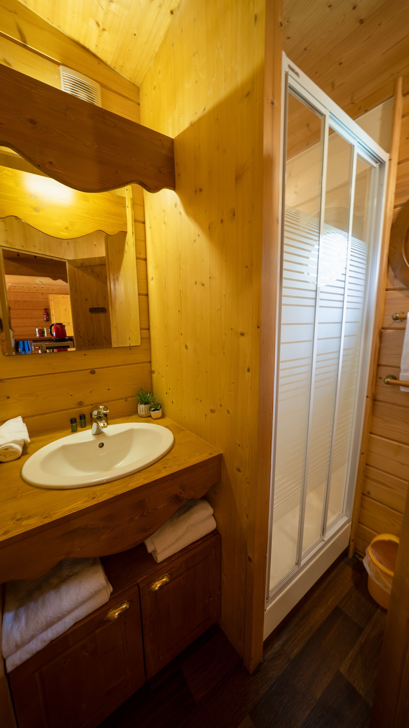 Une salle de bain rustique, aménagée dans une cabane en bois, avec un lavabo, un miroir et une douche.