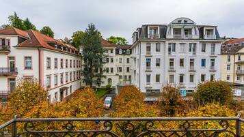 A row of multi-story buildings with balconies, a central staircase, and autumn foliage in the foreground.