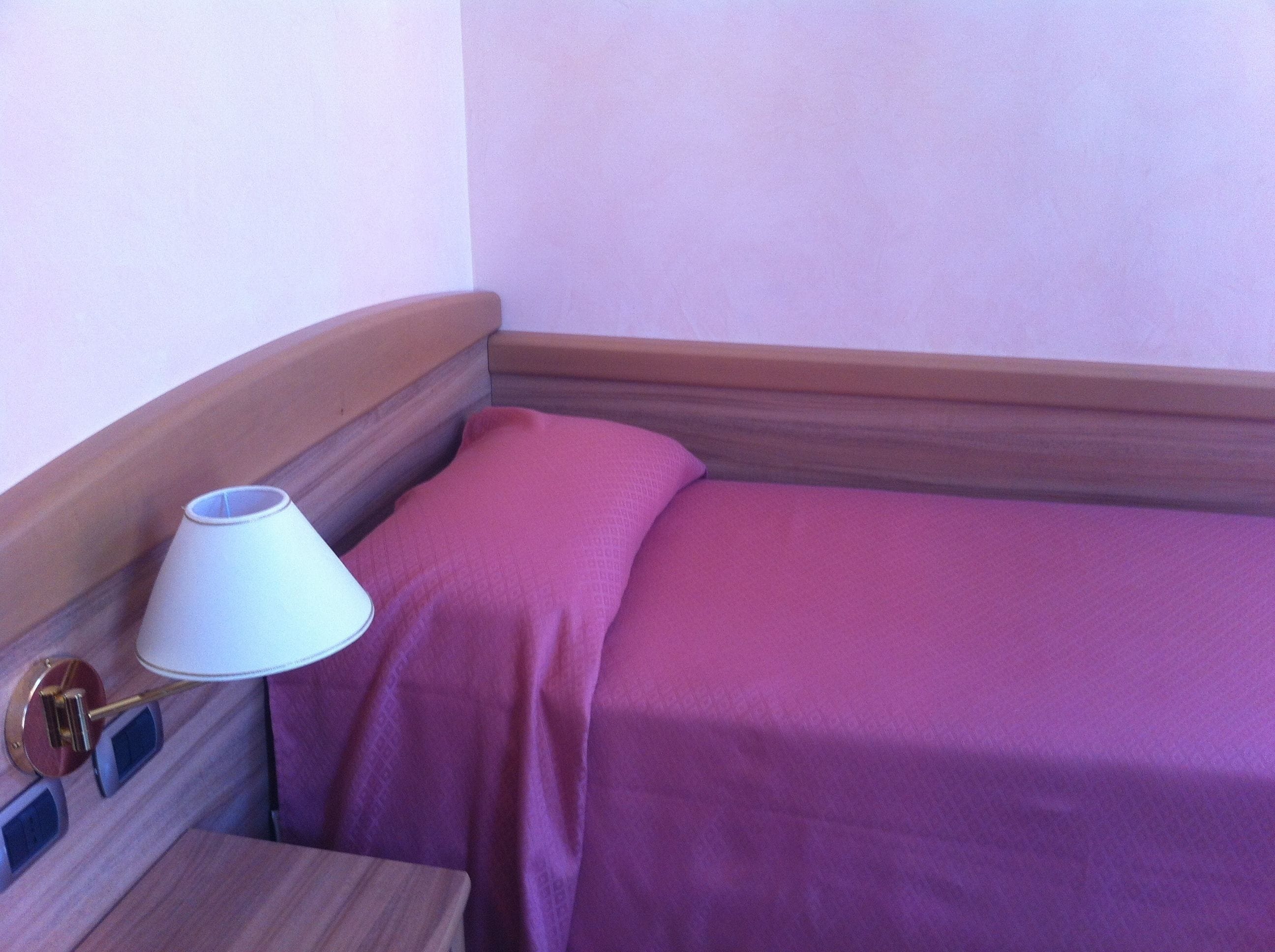 A small, single-bed room with a wooden headboard, a bedside table with a lamp, and a purple bedspread.