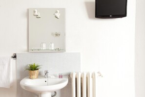 Ein Badezimmer mit Waschbecken, Spiegel, Topfpflanze und Radiator, alles in Weiß.