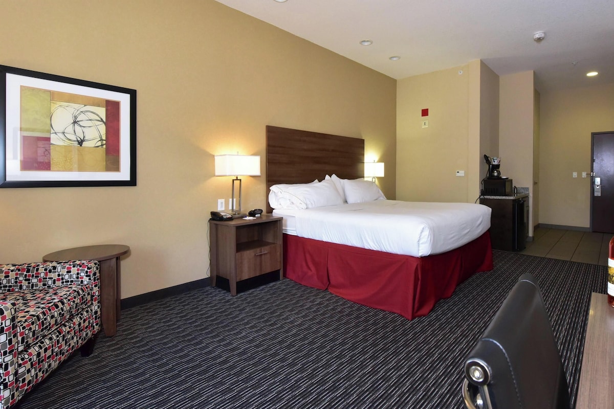 A hotel room with a bed, bedside table, lamp, desk, chair, and a framed picture on the wall.