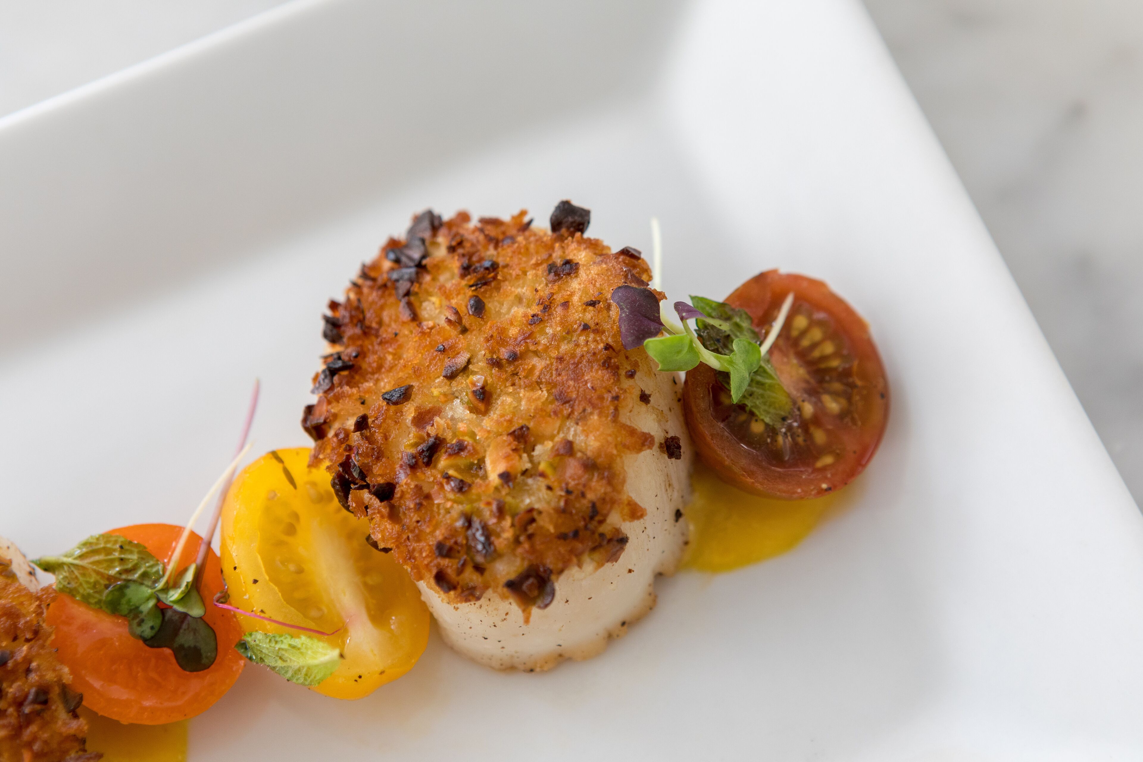 A white plate with a piece of white fish topped with a golden-brown crust, accompanied by a slice of tomato and a small salad.