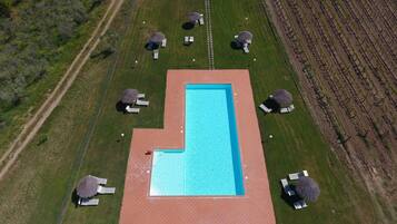 An aerial view of a rectangular swimming pool with a tiled deck, surrounded by lounge chairs and umbrellas, set in a grassy area with a vineyard in the background.