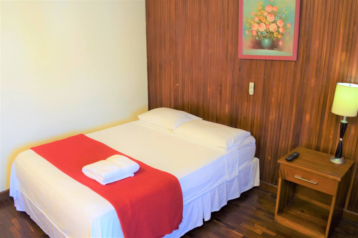 A neatly made bed with a red blanket, a bedside table with a lamp, and a painting on the wall.