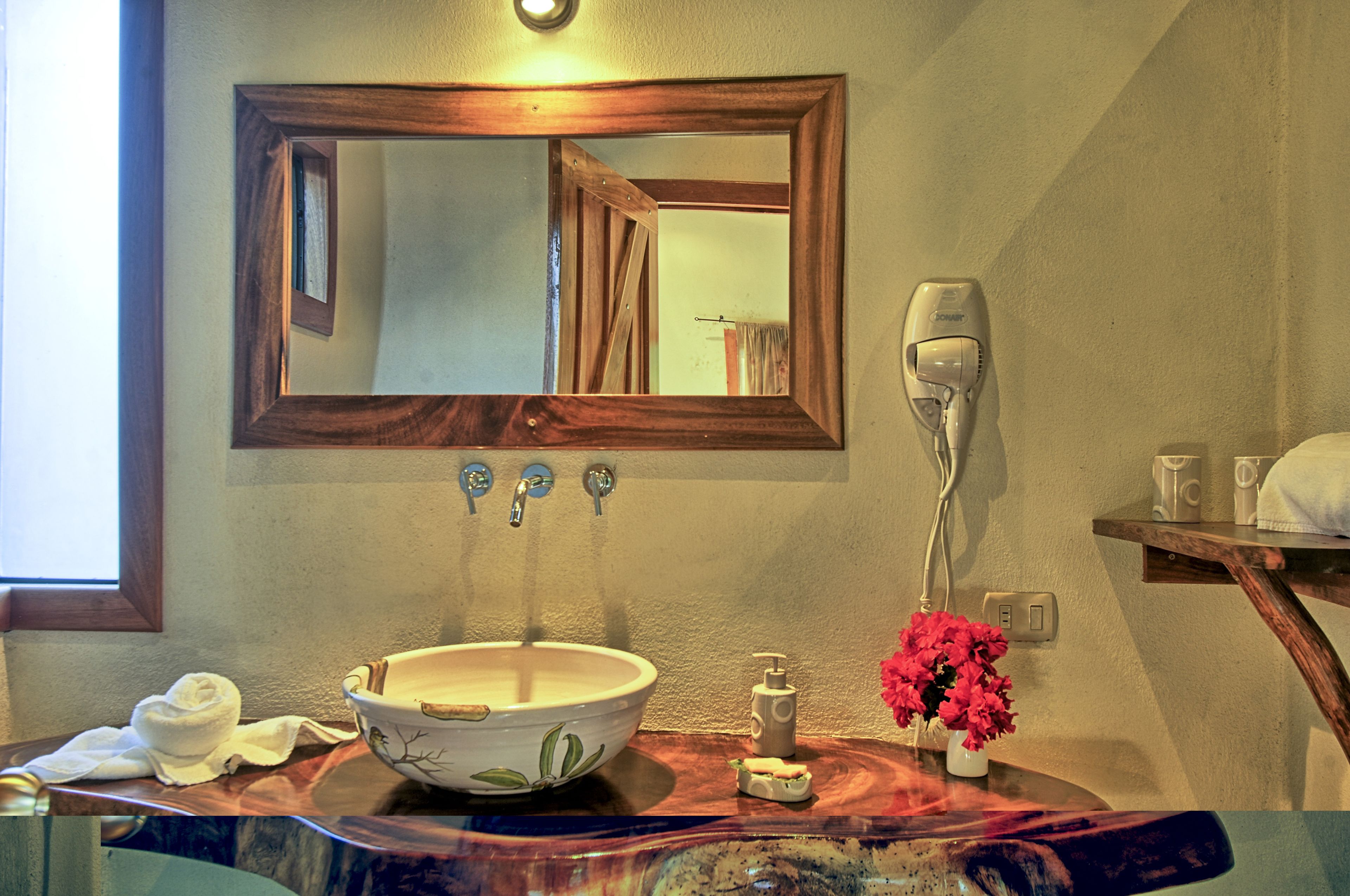 room (jungle) | bathroom | shower, rainfall showerhead, hair dryer, towels