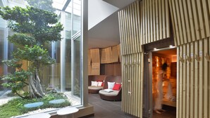Un interior moderno con una pared de vidrio, un pequeño jardín interior y zonas de estar.