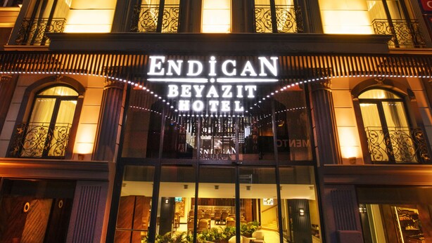 The exterior of the Endican Beyazit Hotel with its illuminated signage and entrance. - Endican Beyazit Hotel (Istanbul)