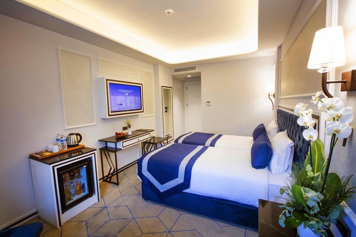 Habitació d'hotel amb un llit, escriptori, nevera petita, televisió i una planta decorativa.