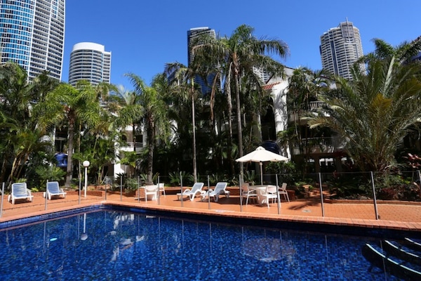 Outdoor pool, a heated pool, sun loungers