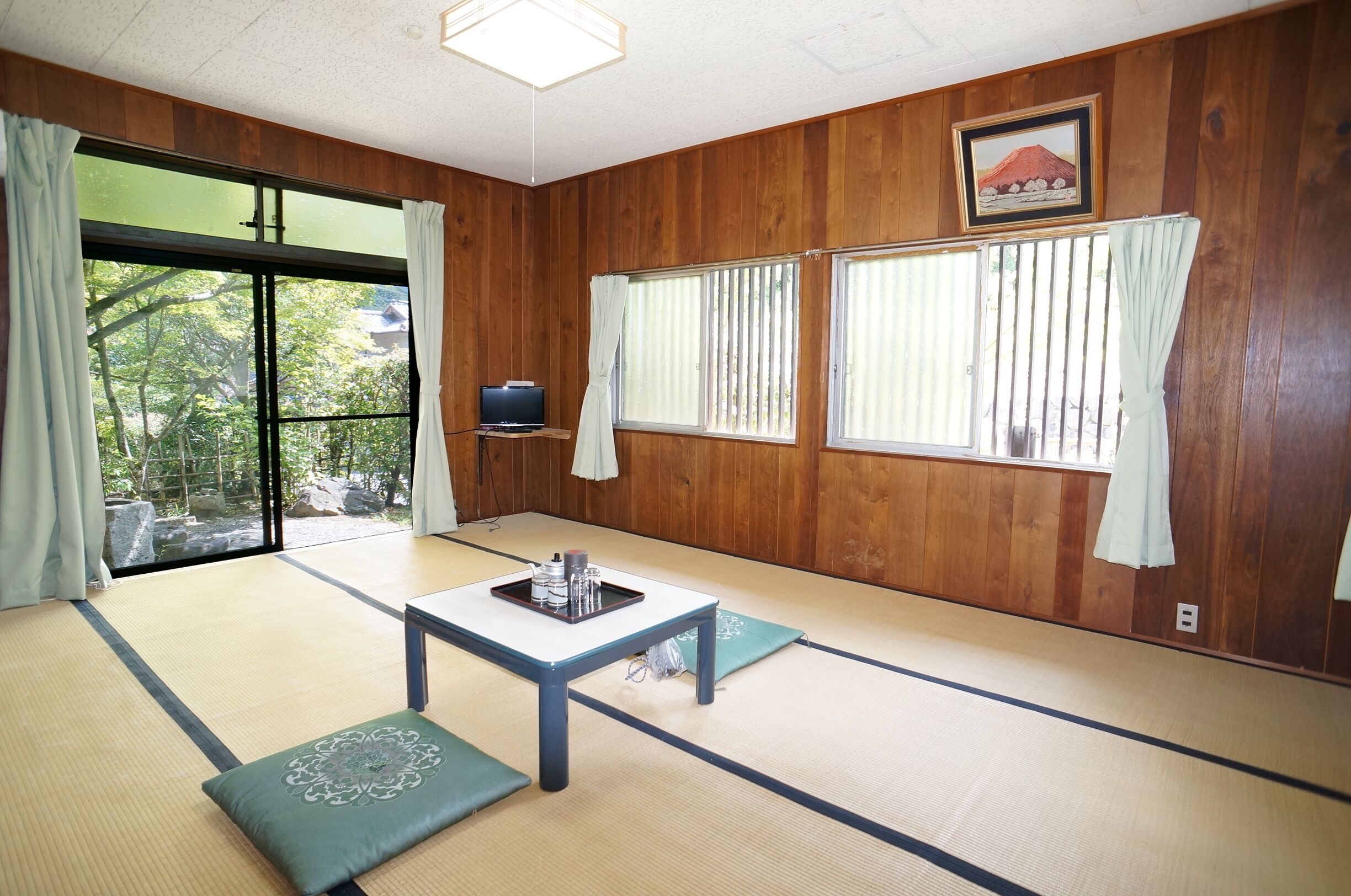 A tatami mat room with a television, a table with a tray, and a cushion.