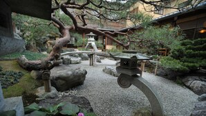 A traditional Japanese garden with a stone lantern, a bridge, and various plants.