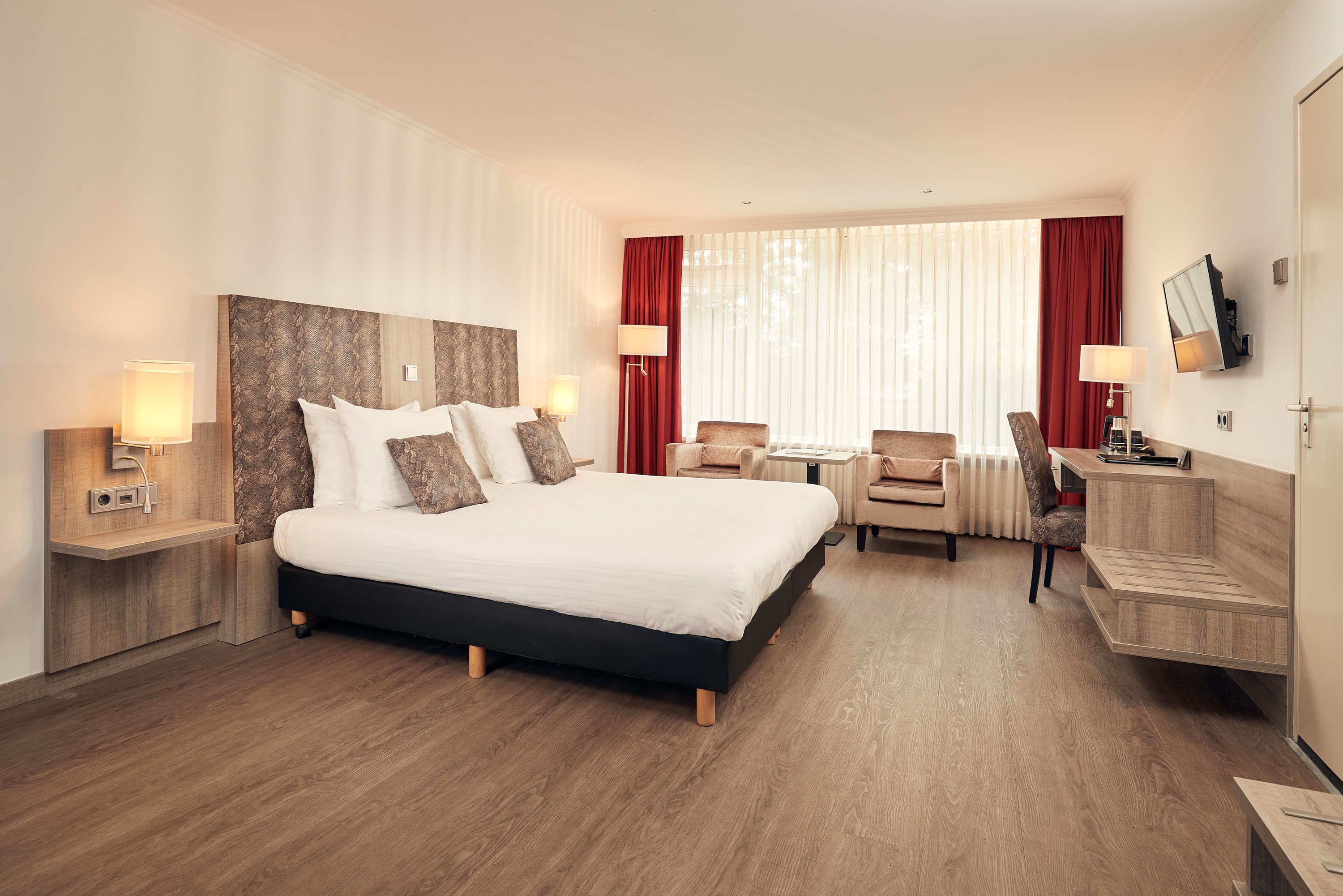 1 bedroom, desk, blackout curtains, iron/ironing board