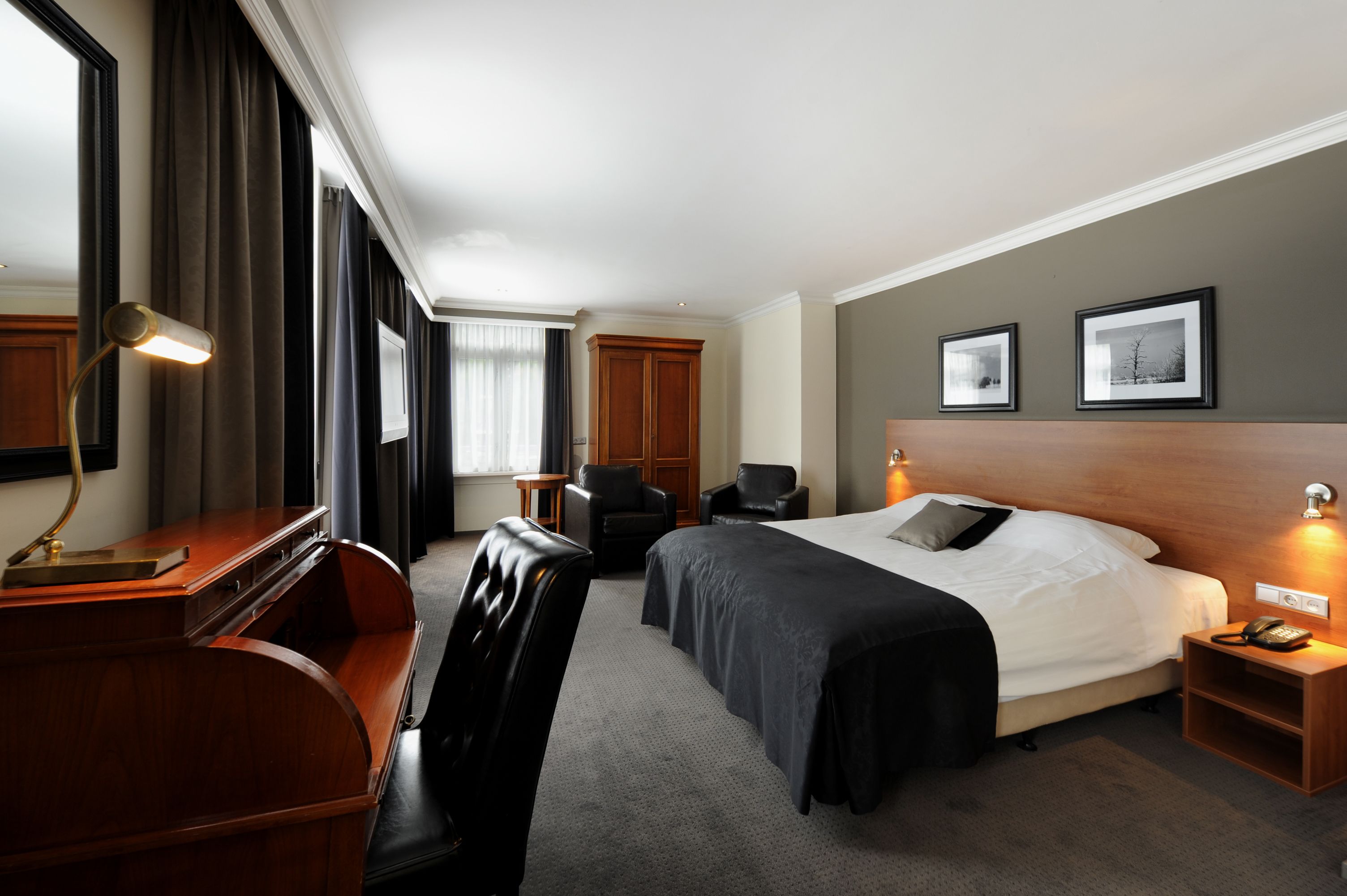 1 bedroom, desk, blackout curtains, iron/ironing board