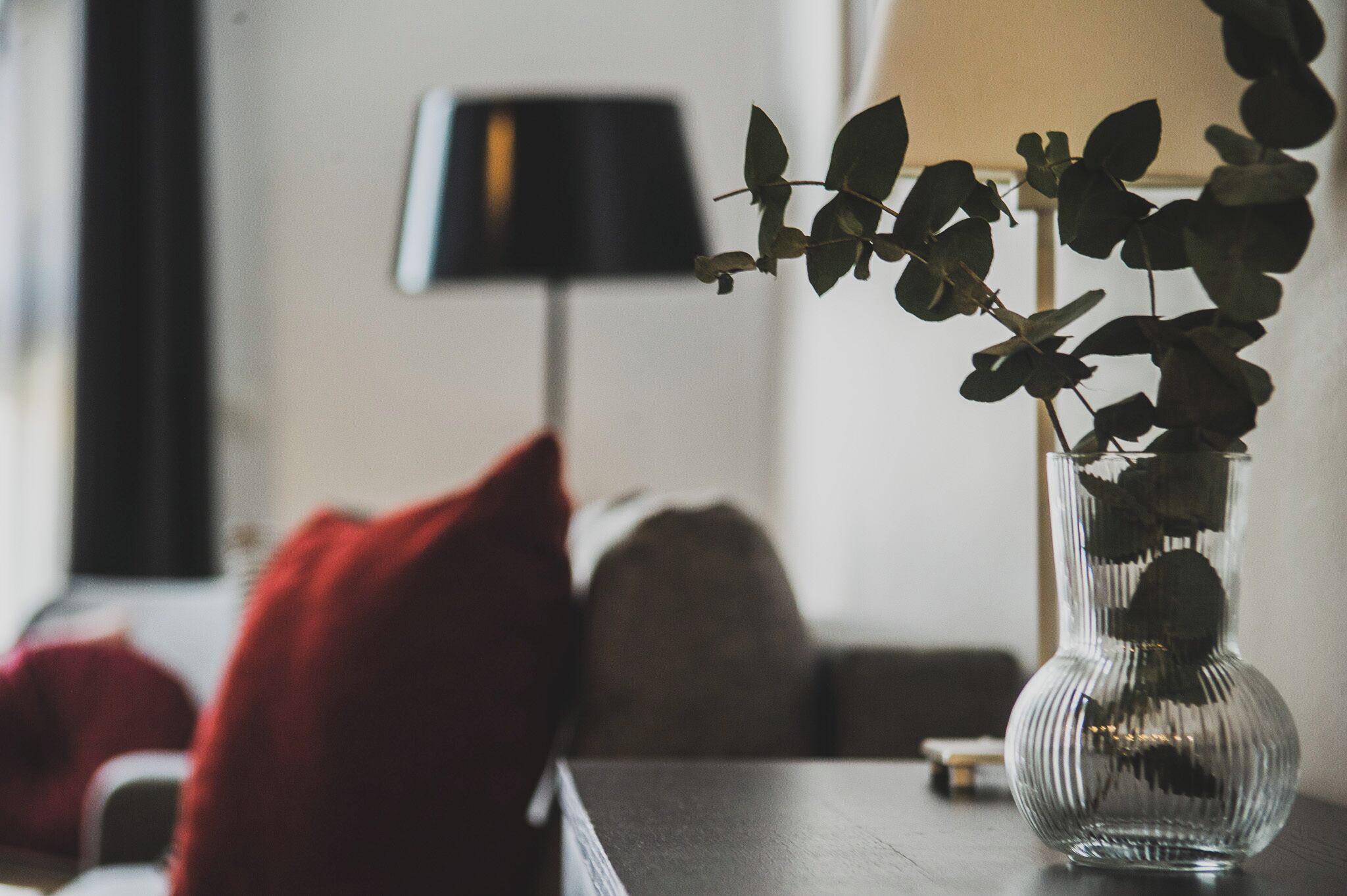 A clear glass vase with a plant on a wooden table in a room with a lamp and a red pillow in the background.