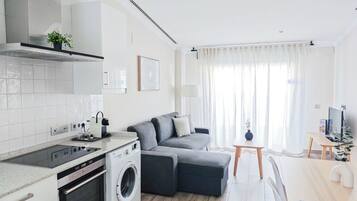 Kattohuoneisto, 1 makuuhuone, terassi (Penthouse) | Yksityinen keittiö | Täysikokoinen jääkaappi, mikroaaltouuni, liesi, kahvin-/teenkeitin