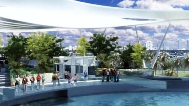 An outdoor pool area with a modern architectural design, surrounded by greenery and palm trees. - Pensión Sea of Clouds (Las Palmas de Gran Canaria)