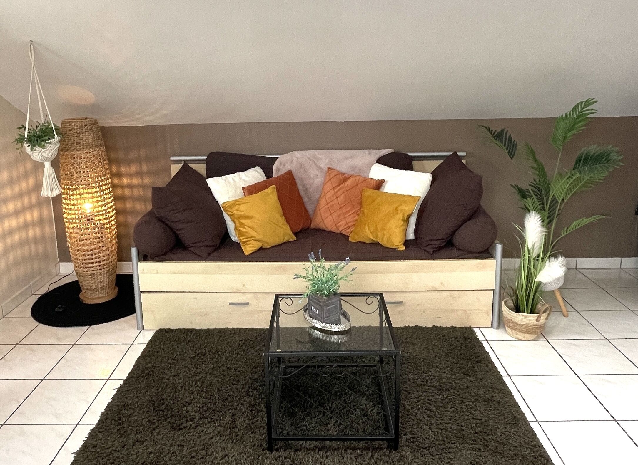 A living room with a sofa, a coffee table, a floor lamp, and two potted plants.