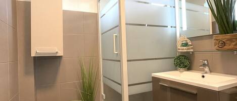 A modern bathroom with a glass shower enclosure, a sink, and a mirror.