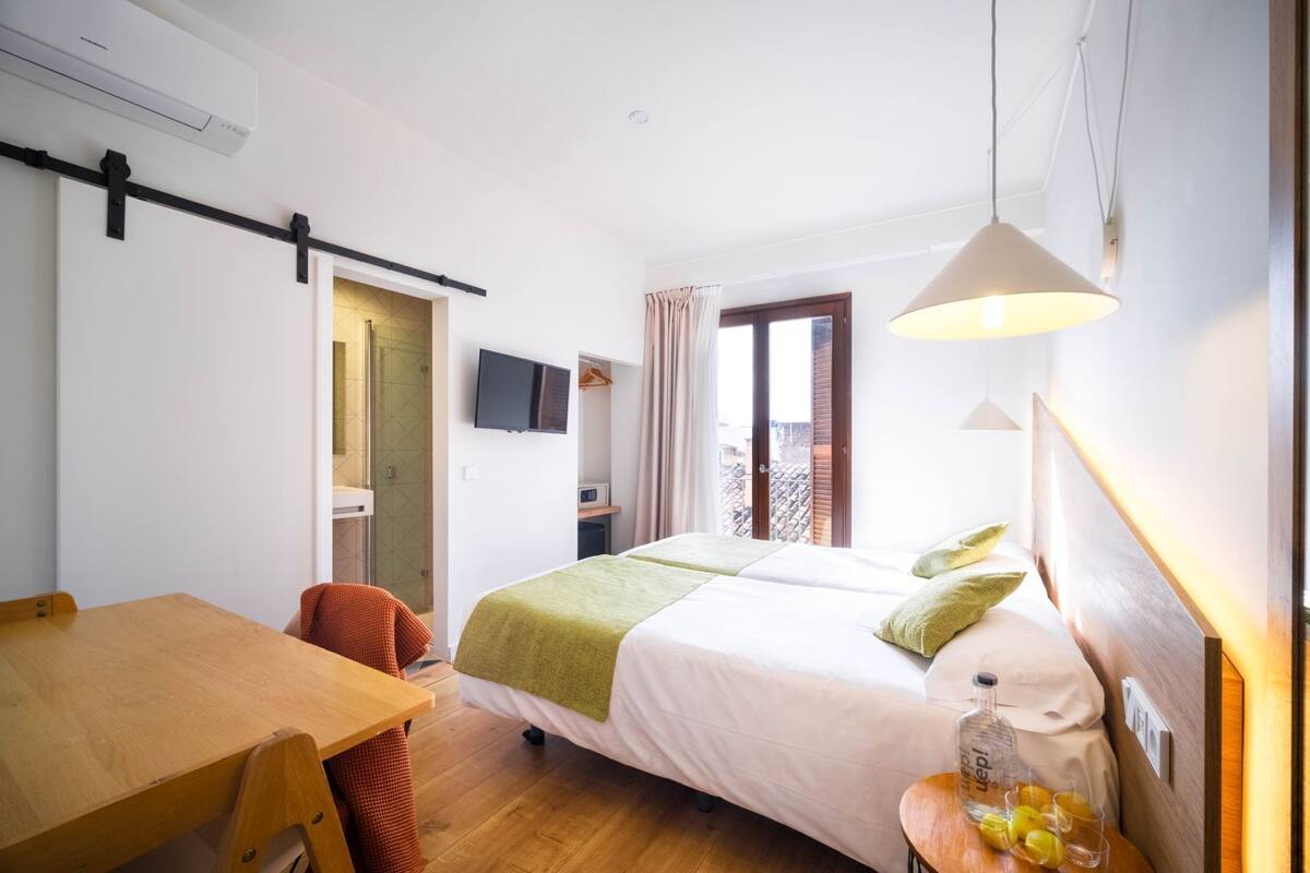 Habitación de hotel con una cama, un escritorio, una silla, un televisor y una ventana.